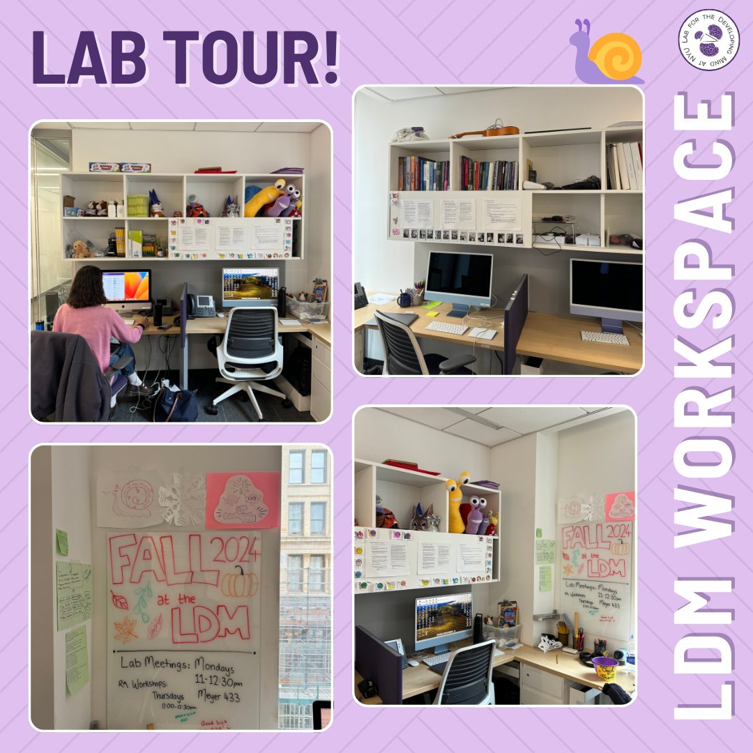 Come check out the LDM workspace!

This is the Project Room where our research assistants do incredible work; from reaching out to families, designing stimuli and coding data! 

As you can see, we love snails! See how many you can spot 🔎 🐌