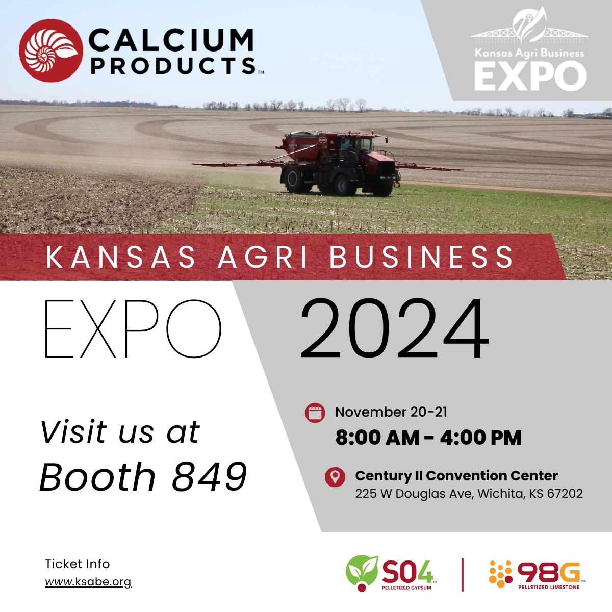 Mark your calendars! We're heading to Wichita for the 2024 Kansas Agri Business Expo on November 20-21. Swing by Booth 849 to connect with us and learn more about our latest offerings. We hope to see you there! #CalciumProducts #agribusiness #agriculture #farming #98G #SO4