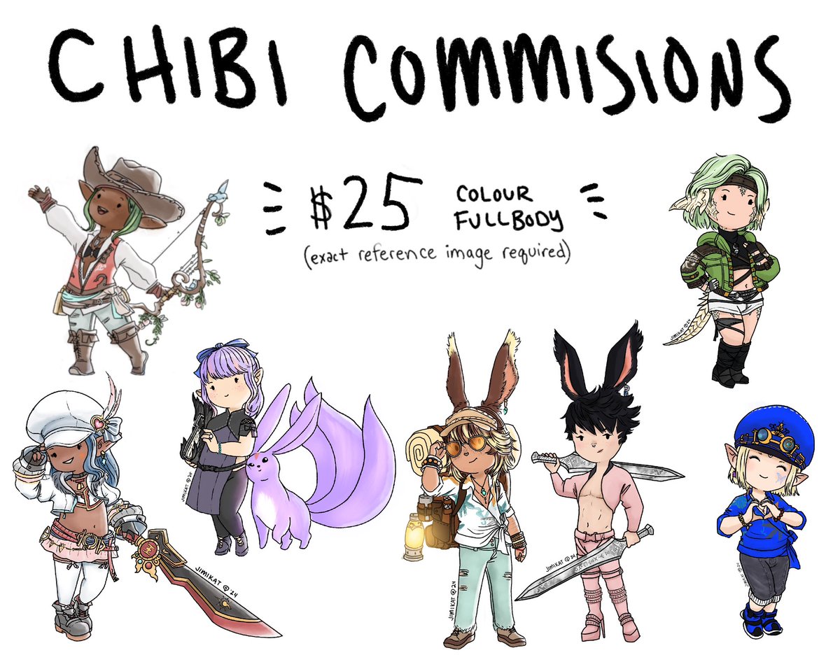 💖 Comms Open! 💖

I'm out of work for the next 3 months while the doctor I scribe for is on maternity leave, so comms are OPEN!

I have chibi comms &amp; bust portraits open, but if you have something else in mind, shoot me DM here or Discord (jimikat)!

Link below! 🔗⬇️
