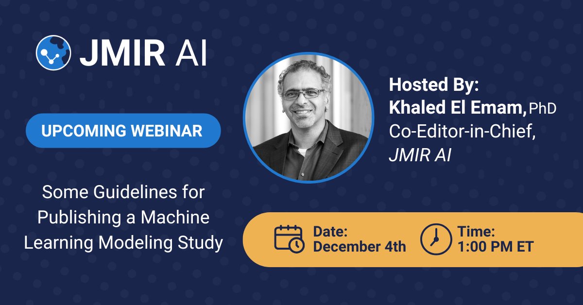 JMIR Publications (@jmirpub) on Twitter photo โ ๏ธ Avoid pitfalls in #MachineLearning modeling for health data! Dr. <a href="/kelemam/">Khaled El Emam</a> shares best practices in our FREE JMIR AI webinar on Dec 4.
Register: hubs.ly/Q02Yyztq0
#HealthcareResearch #JMIR #OpenAccess โ ๏ธ Avoid pitfalls in #MachineLearning modeling for health data! Dr. <a href="/kelemam/">Khaled El Emam</a> shares best practices in our FREE JMIR AI webinar on Dec 4.
Register: hubs.ly/Q02Yyztq0
#HealthcareResearch #JMIR #OpenAccess