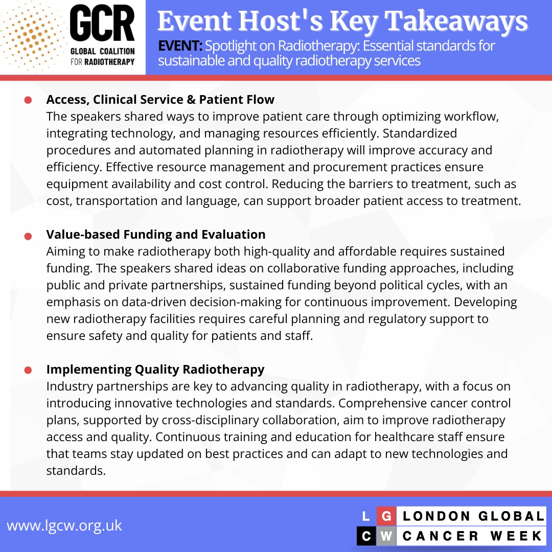 London Global Cancer Week (@lgcw2024) on Twitter photo 📢 Key Takeaways from the event: Spotlight on Radiotherapy – Essential Standards for Sustainable and Quality Radiotherapy Services. Hosted by <a href="/GlobalRTCo/">The Global Coalition for Radiotherapy</a>
Let’s work together to ensure equitable and quality radiotherapy services worldwide. 🌍
#Radiotherapy #GlobalHealth #LGCW2024 📢 Key Takeaways from the event: Spotlight on Radiotherapy – Essential Standards for Sustainable and Quality Radiotherapy Services. Hosted by <a href="/GlobalRTCo/">The Global Coalition for Radiotherapy</a>
Let’s work together to ensure equitable and quality radiotherapy services worldwide. 🌍
#Radiotherapy #GlobalHealth #LGCW2024