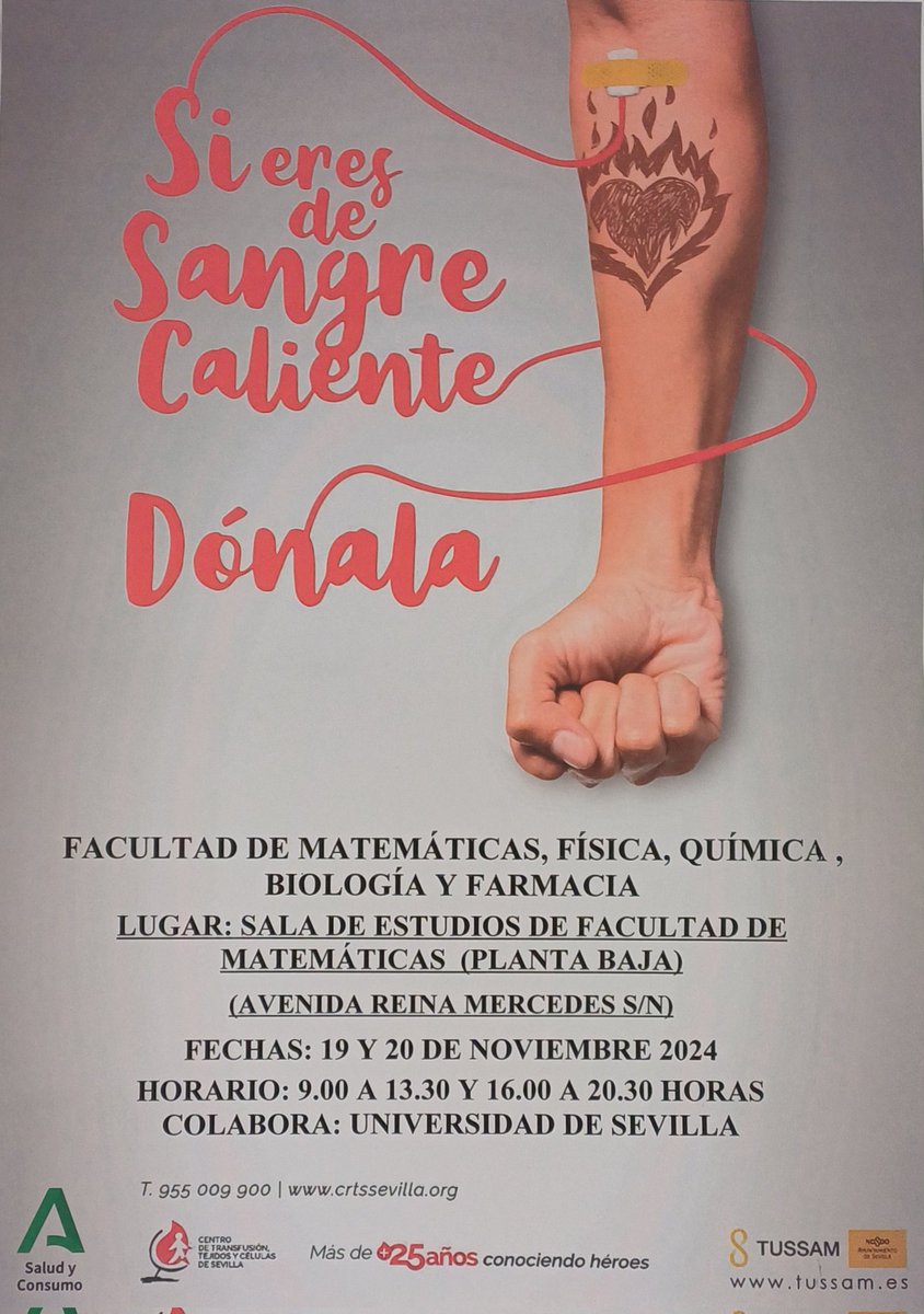 🩸¡Dona sangre en la facultad y contribuye a salvar vidas!

📍Sala de estudios (planta baja) de la Facultad de Matemáticas

🗓 Los días 19 y 20 de noviembre de 09:00 a 13:30 y de 16:00 a 20:30