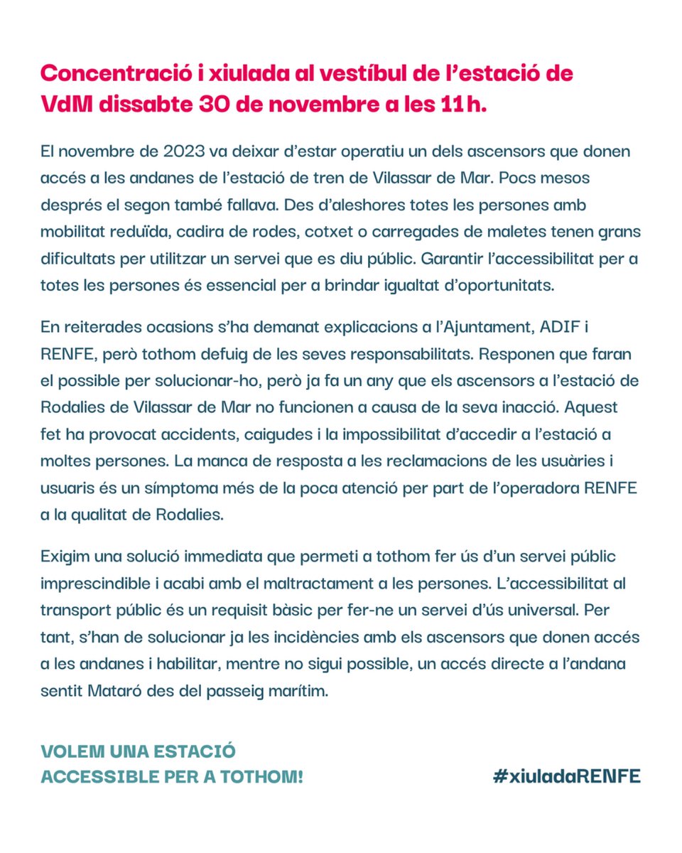 📢 XIULADA A RENFE  📢

🗓 Ds 30/11
🕚 11h
📍 Estació VdM

➡ Fa un any que els ascensors de l'estació de #VilassarDeMar no funcionen.

⛔ Ni Ajuntament, ni ADIF, ni RENFE han fet res per posar-hi solució.

❗ Volem una estació de Rodalies accessible per a tothom!

#XiuladaRENFE