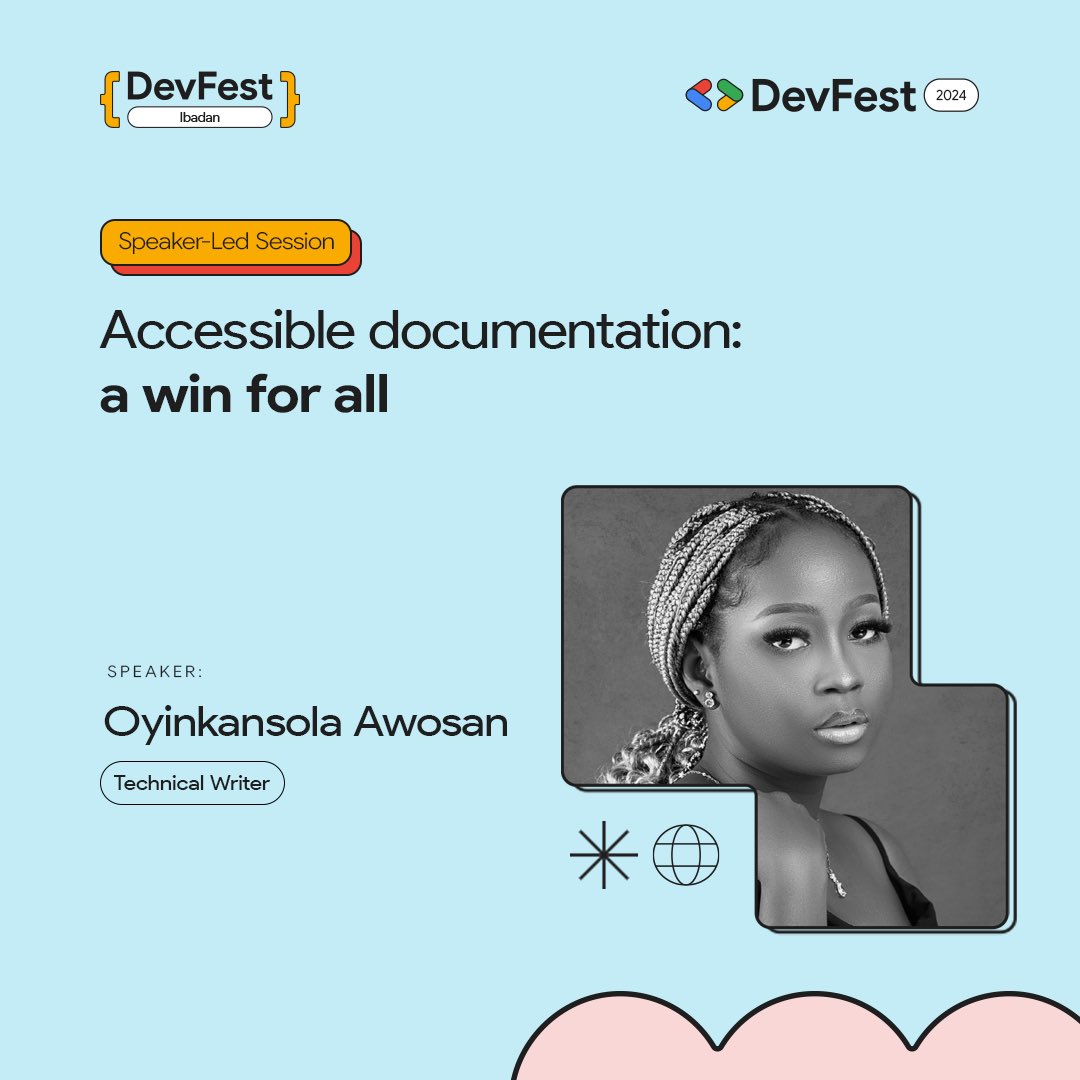 gdgibadan's tweet photo. Accessible documentation matters! 📄

Meet Oyinkansola Awosan @tire_nii Technical Writer &amp; accessibility advocate! 👩‍💻

Join her session at DevFest Ibadan 2024! 🎉

RSVP NOW! https://t.co/fW1TTJS1WO

Nov 23rd, 8:00 AM | Aweni Arena Events Center, Ibadan 🏟 https://t.co/5SGwMI8mCD