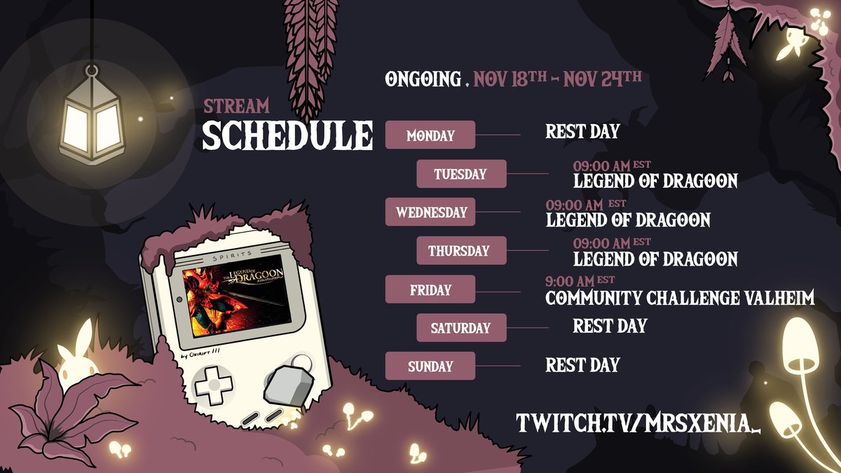 XeniaCrof's tweet photo. No stream today (again I know 🥺) I'm sickies 😷🤧. I will rest so we can attempt a good week. Here is the #schedule. We start #LegendOfDragoon tomorrow 😱 1st playthrough. So excited 

#retro #oghardware #games #mum #fun #vibes #ps1 #nostalgie #1stplay https://t.co/p3jagQRfym