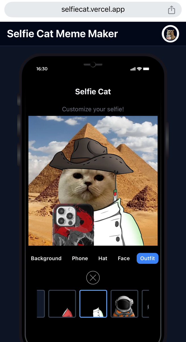 Selfie Cat meme maker web/app is live.

selfiecat.vercel.app

You can also upload your own pfp as background to create selfies with Scat in few seconds and You will be able to create your unique Selfie Cat using the various different combinations.

We will keep adding more
