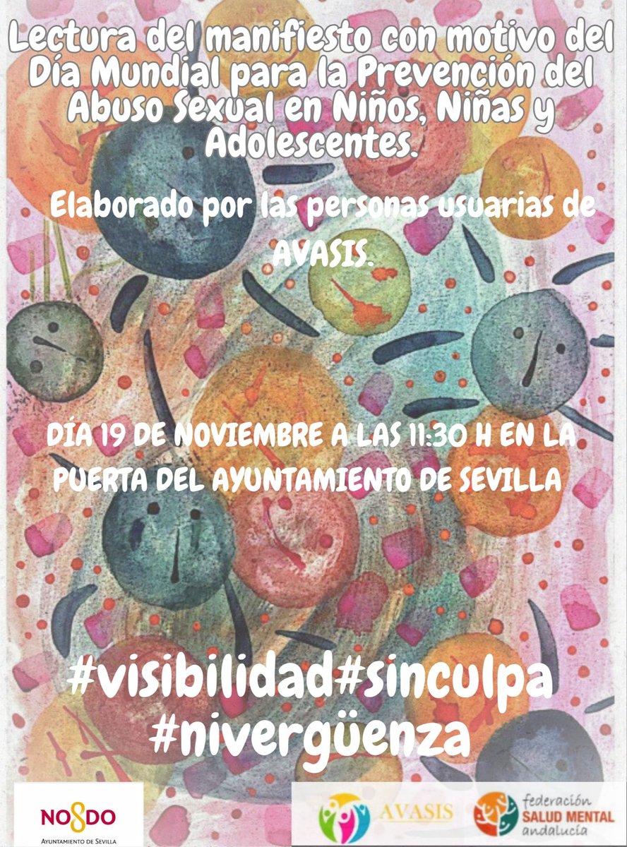 Mañana nos vemos a las 11:30h en <a href="/Ayto_Sevilla/">Ayuntamiento de Sevilla</a> para la lectura de nuestro Manifiesto con motivo del #DíaMundialParaLaPrevenciónDelAbusoSexualEnNiñosNiñasYAdolescentes.

¡Participa, comparte, difunde! 

<a href="/saludand/">Consejería de Sanidad, Presidencia y Emergencias</a> 
<a href="/SaludMentalAnd/">Salud Mental Andalucía</a> 

#19N
#ASI
#Visibilidad #SinCulpa #Nivergüenza