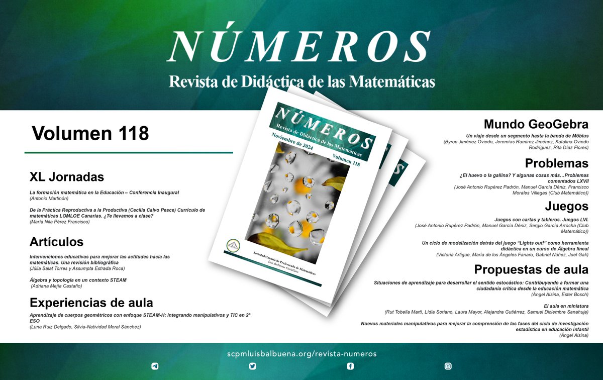 SCPMLBalbuenaC's tweet photo. 📢 ¡Ya disponible el Volumen 1️⃣1️⃣8️⃣ de la revista #NÚMEROS!
📚 Artículos de expertos, experiencias, juegos, GeoGebra y más para enriquecer la enseñanza de tu aula de #matemáticas. 🌟
👉 Léelo aquí: https://t.co/9QZKP1kUQx
#EducaciónMatemática #SCPM https://t.co/9IRzZXSrBP
