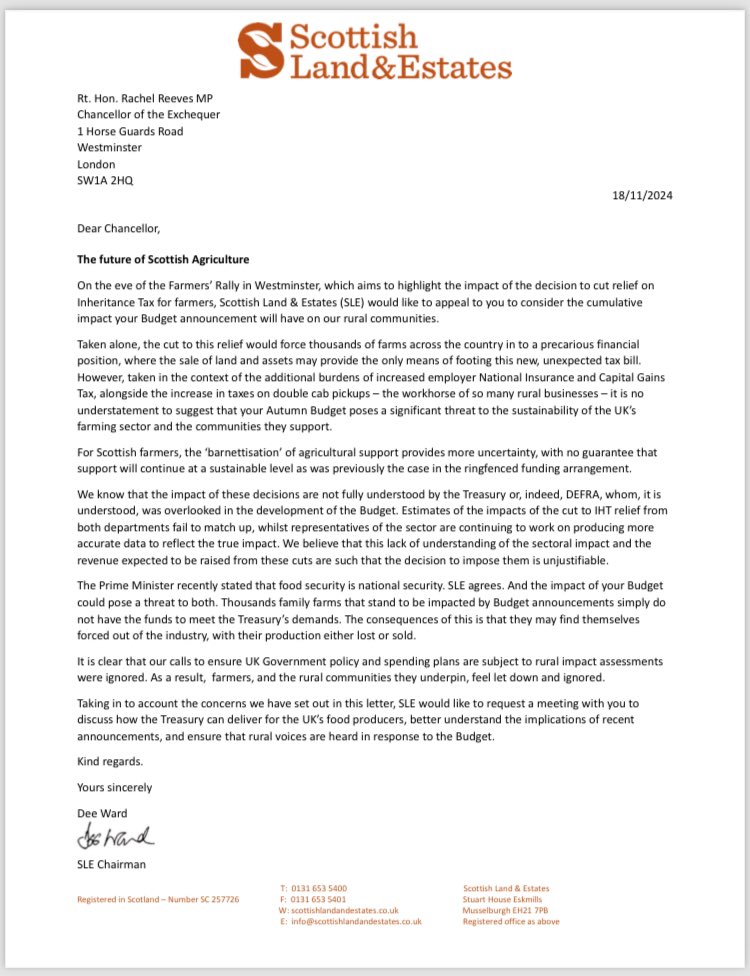 Scottish Land & Estates (@scotlandestates) on Twitter photo As the UK’s farming communities prepare to come together in Westminster tomorrow to rally against the #FamilyFarmTax, SLE has written to <a href="/RachelReevesMP/">Rachel Reeves</a> to set out why she must reverse her decision and listen to the voices of those who live and work in rural Scotland 👇 As the UK’s farming communities prepare to come together in Westminster tomorrow to rally against the #FamilyFarmTax, SLE has written to <a href="/RachelReevesMP/">Rachel Reeves</a> to set out why she must reverse her decision and listen to the voices of those who live and work in rural Scotland 👇