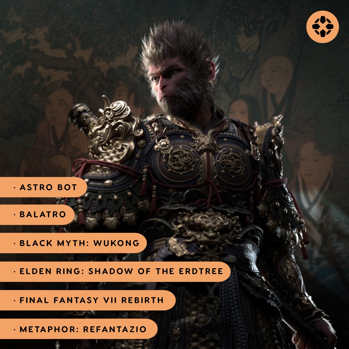 IGN's tweet photo. The nominees for Game Of The Year at The Game Awards 2024 are:

Astro Bot
Balatro
Black Myth: Wukong
Elden Ring: Shadow of the Erdtree
Final Fantasy VII Rebirth
Metaphor: ReFantazio https://t.co/yZnNOWBlm0