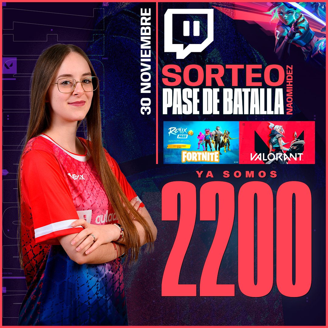 El 30 de Noviembre sorteo PASE DE BATALLA de FORTNITE o VALORANT!
Requisitos: 
🟣Seguirme en Twitch twitch.tv/naomihdez
🟣Seguirme en Twitter 
🟣Mencionar a 2 amig@s
Si te suscribes al canal, DOBLE participación. El sorteo se realizará en stream. Muchísima suerte a todos!🍀
