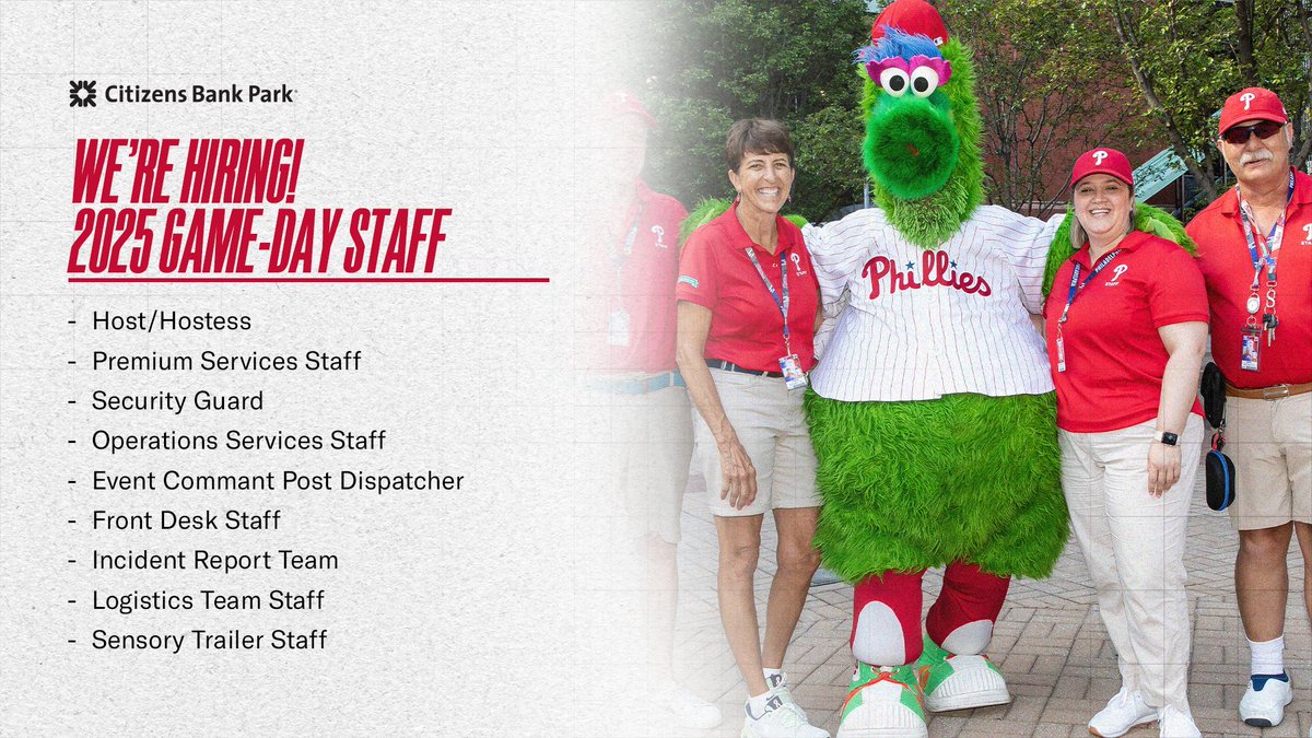 Citizens Bank Park could be your office!

The <a href="/Phillies/">Philadelphia Phillies</a> are looking for fun, outgoing, and friendly people to join the game-day staff in 2025!

Apply today: atmlb.com/3Z9agea