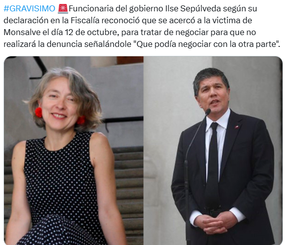 Iherreraa's tweet photo. #sinfiltros_tv Este es el gobierno feminista de Boric,donde Ilse Sepúlveda negocia con la víctima de violación para q se quede callada y no acuse a Monsalve.Este gobierno y sus funcionarios son una mugre,unos miserables. Estos son los de escala de valores y principios superiores https://t.co/adwI4N2yih