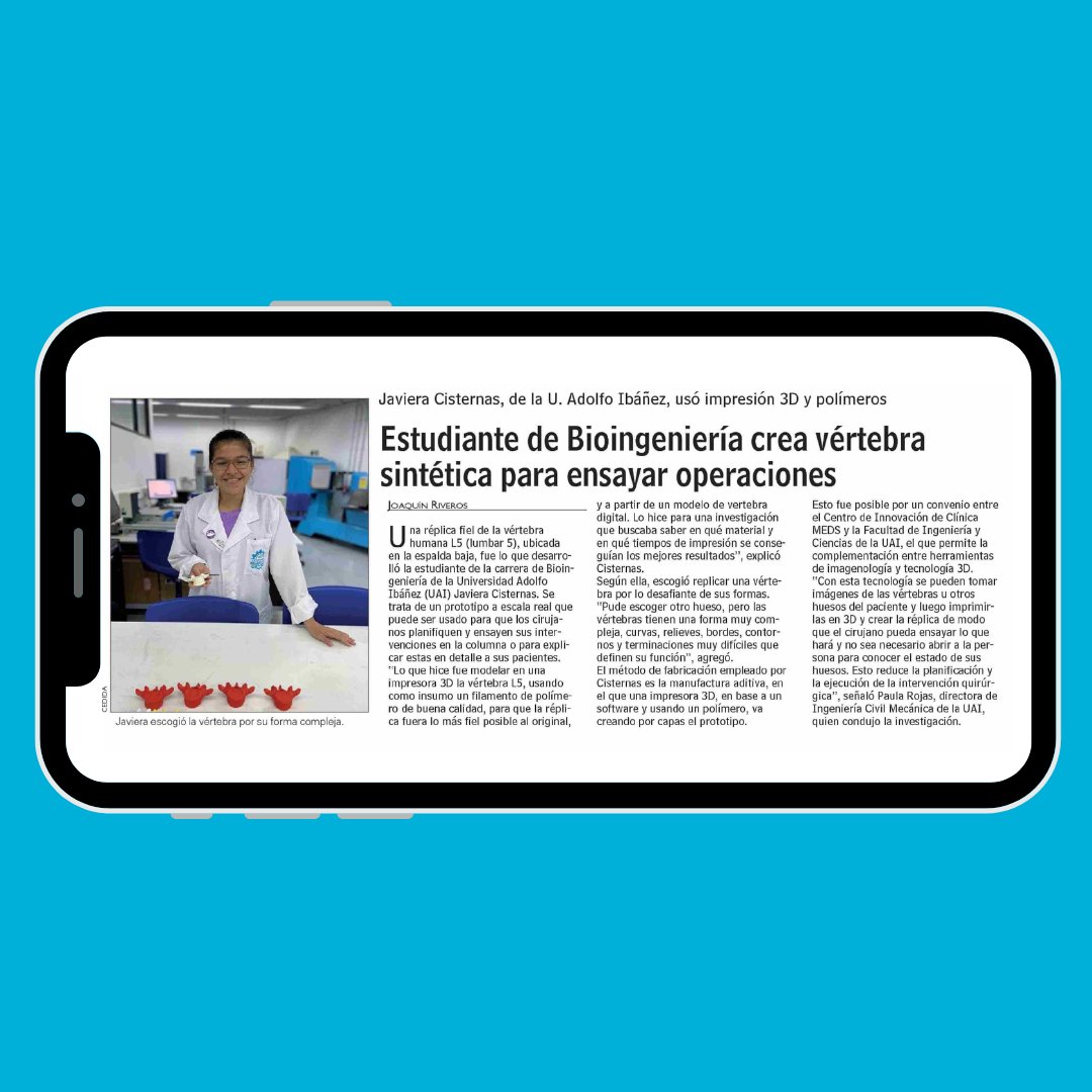 ingenieriaUAI's tweet photo. #IngenieríaYCienciasUAI | Javiera Cisternas, estudiante de Bioingeniería de la #UAI, creó un prototipo de vértebra sintética, usando impresión 3D y polímeros, para ensayar operaciones médicas. 🦴🩻

Conoce más de esta investigación en la nota de @lun. 👇 https://t.co/5g1hTKQaMP