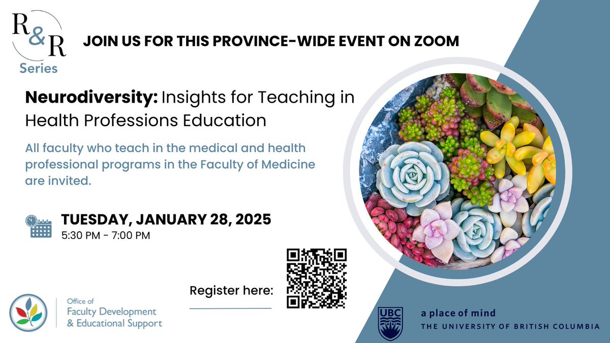 Faculty members in medical and health professional programs at the Faculty of Medicine are invited to an evening panel discussion on neurodiversity's relevance to teaching and learning context. Register: tinyurl.com/53w9zu8h
