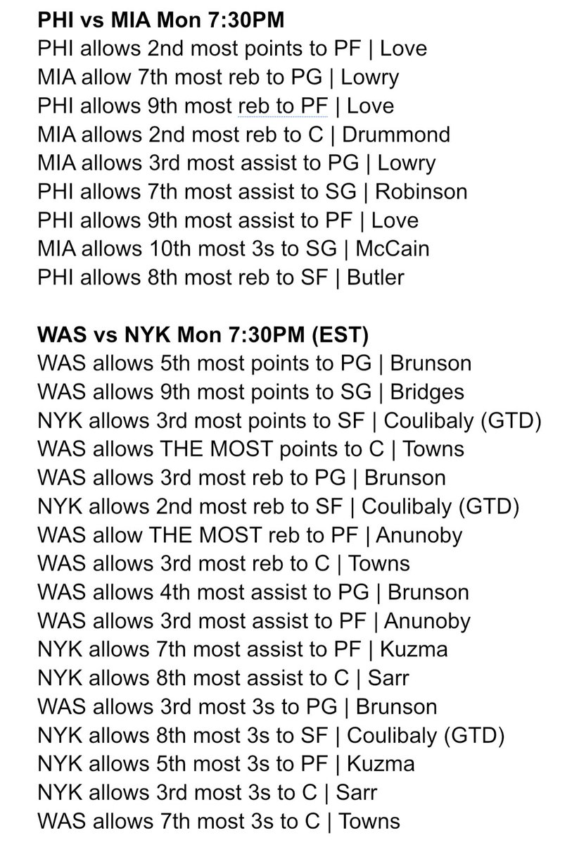Heisenbets777's tweet image. NBA Cheat Sheets For Next 3 Games

❤️ LIKE this post if you want sheets for the rest of tonight’s NBA games

NBA Defense vs Position For:
76ers @ Heat
Wizards @ Knicks
Pacers @ Raptors
Rockets @ Bucks

#GamblingX #NBA