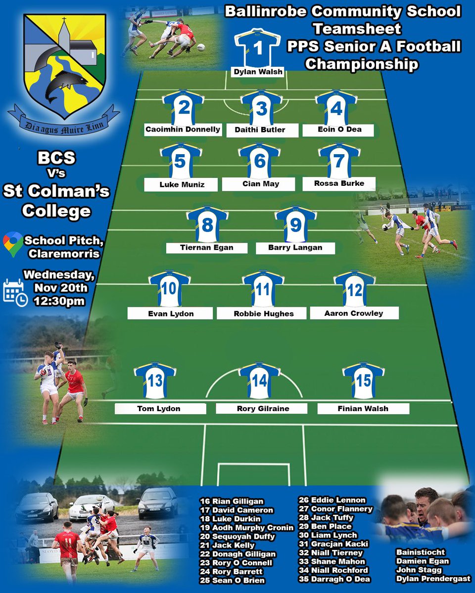 Wednesday 12:30, the place to be is <a href="/SaintColmans/">St Colman's College</a> school pitch. Our senior boys 🏐 team begin their A Championship campaign. If you can, get to Claremorris and bring some noise, spread the word 🟦⬜️ #GAA