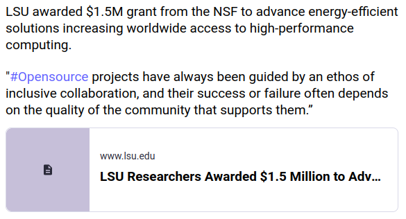 #OSS in #HigherEd

More on this from <a href="/LSU/">LSU</a> and other developments in #OpenSource for #OpenScience in #HigherEducation via our #Mastodon account at social.fossdle.org/@apereo/113506….

Also, be sure to join Friends of Apereo at apereo.org/events/foa-2024.