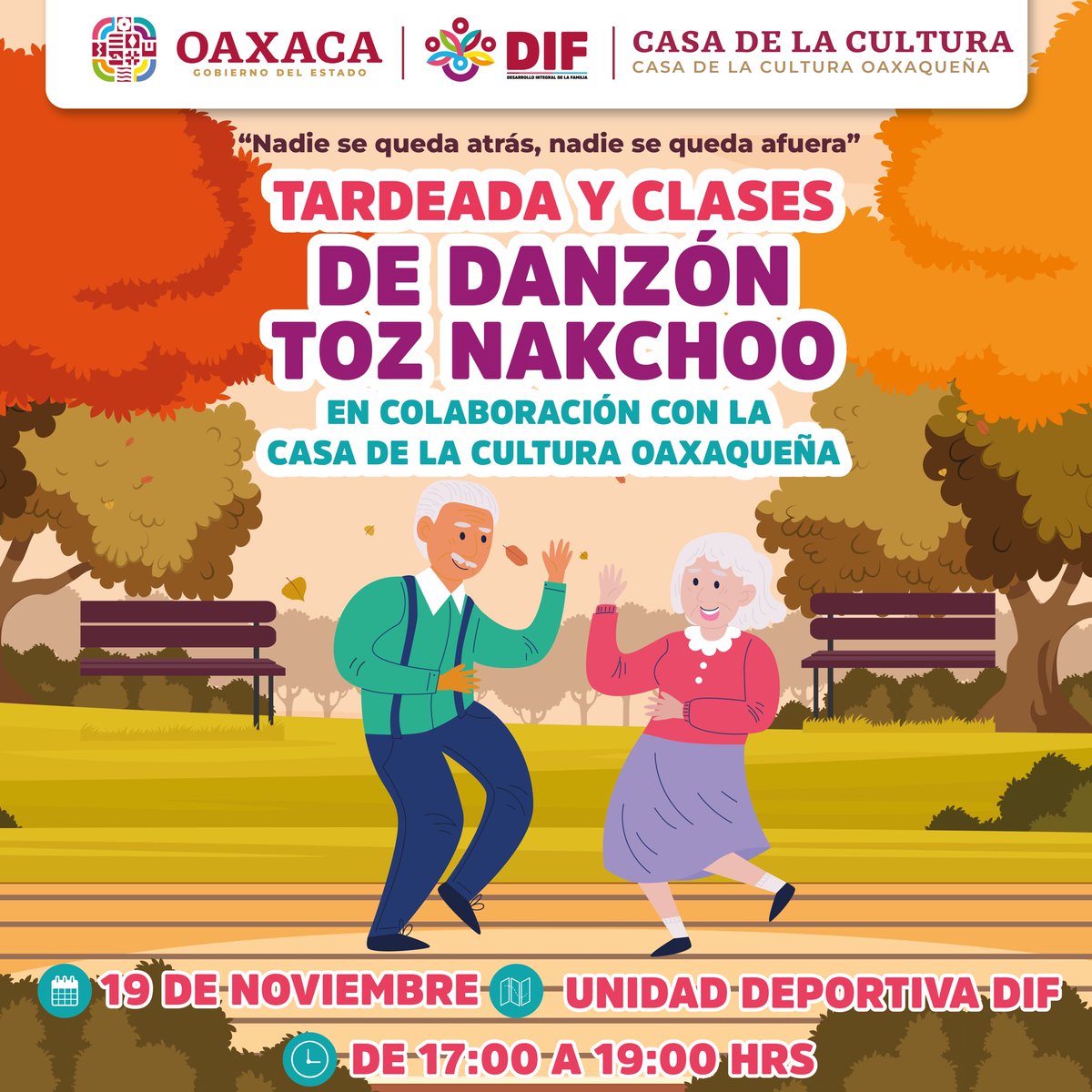 El Sistema #DIF y la <a href="/CCO_GobOax/">Casa de la Cultura Oaxaqueña</a> te invitan a participar en la segunda tardeada y clases de danzón Toz Nakchoo.💃🏽

🗓️ 19 de noviembre
⏰ 17:00 horas
📍 Unidad deportiva DIF

¡No te lo pierdas!
#NadieSeQuedaAtrásNadieSeQuedaAfuera