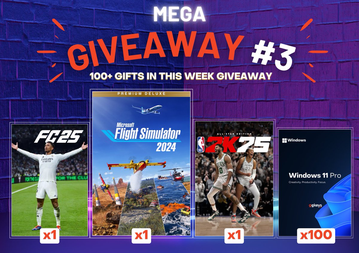 🚨 Mega Giveaway #3 is LIVE! 🚨

🏀 x1 NBA 2K25: All-Star Edition
⚽ x1 FC25: Ultimate Edition
✈️ x1 Microsoft Flight Simulator 2024: Deluxe Edition
💻 x100 Windows 11 Pro Keys

103 WINNERS will be selected!

🎯 More entries = Higher chance to WIN!

Enter NOW &amp; share to boost