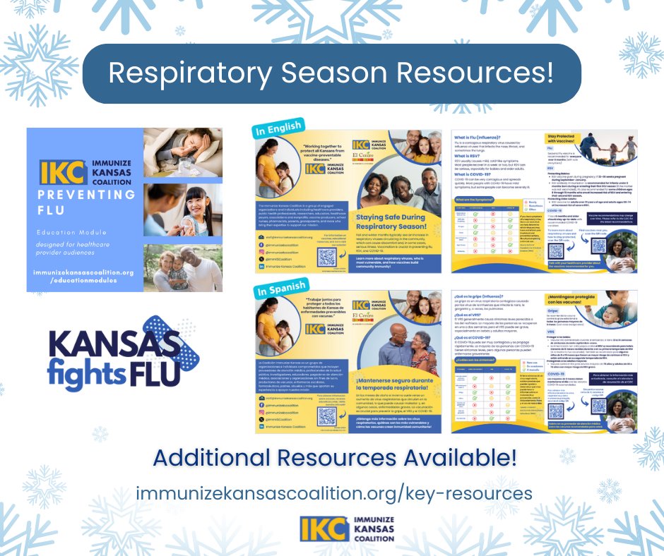ImmKSCoalition's tweet image. Looking for immunization resources to share in your #community? 👉 Check out our Key Resources page on our website, immunizekansascoalition.org/key-resources. The page serves as a quick reference to highlighted resources like our respiratory brochures, #KansasFightsFlu campaign, #flu education