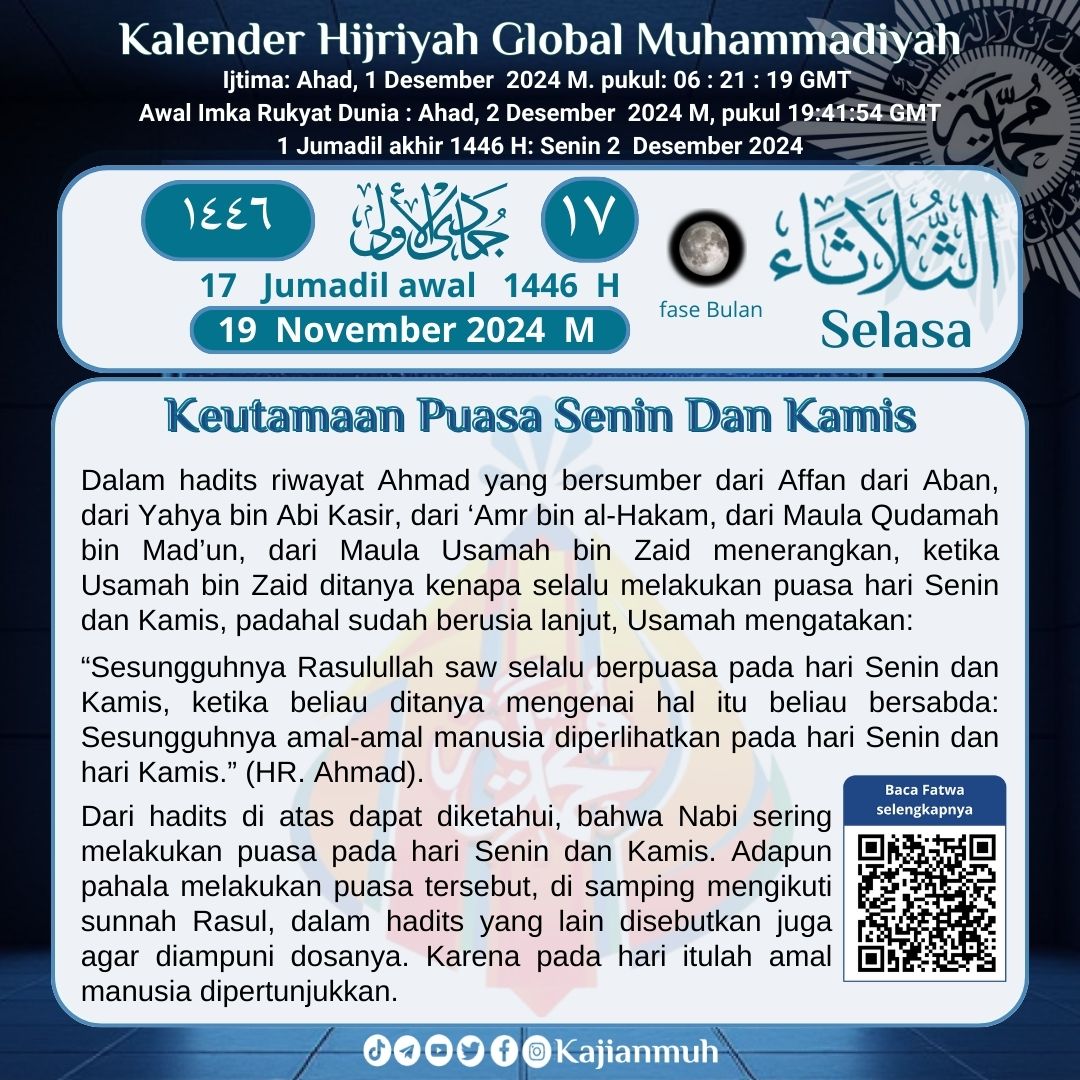 Salah satu puasa yang disunahkan adalah puasa Senin Kamis. Puasa ini dilakukan pada setiap pekan di dua hari tersebut. Keutamaannya bisa menghapus kesalahan dan meninggikan derajat, serta memang dua hari tersebut adalah saat amalan diangkat di hadapan Allah.
