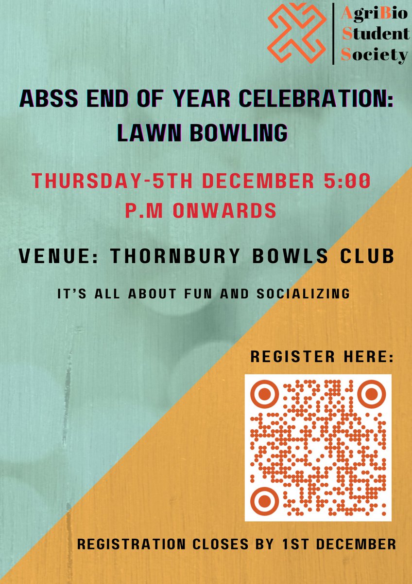 🎉 Join us for the AgriBio Student Society's End-of-Year Celebration! 🌿

Lawn bowling, food, &amp; fun to wrap up a great year!  

📅 5th Dec 2024  
📍 Thornbury Bowls Club  
🔗 Register by Dec 1st here: lnkd.in/e4sTRjxj