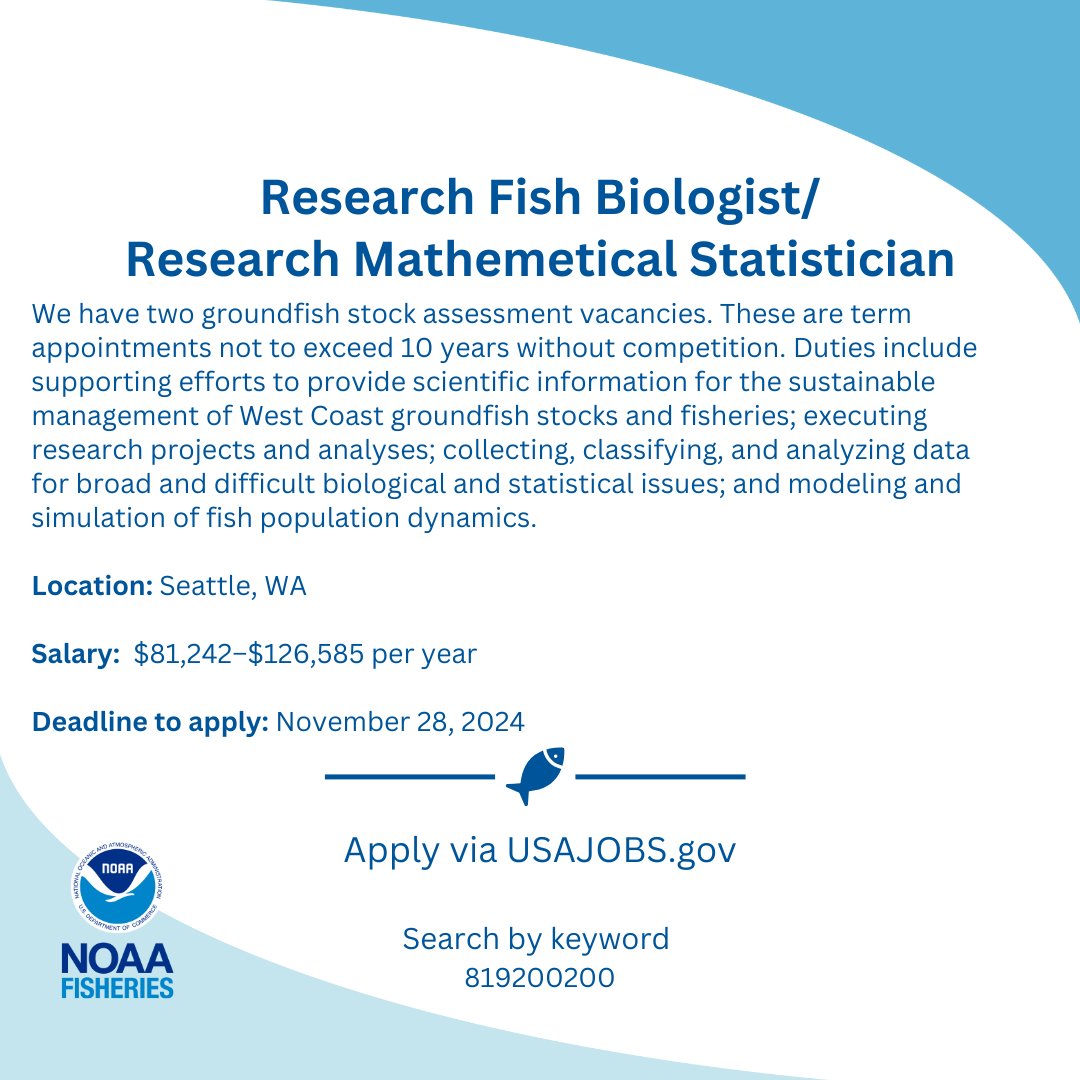 NOAAFish_NWFSC's tweet photo. We have several new openings for jobs on the West Coast, including a research fish biologist, grants management specialist, and financial management specialist.
Sound like you or anyone you know? Apply at https://t.co/lVEigMnT2j and search for the job number provided. https://t.co/o7agikV8ny
