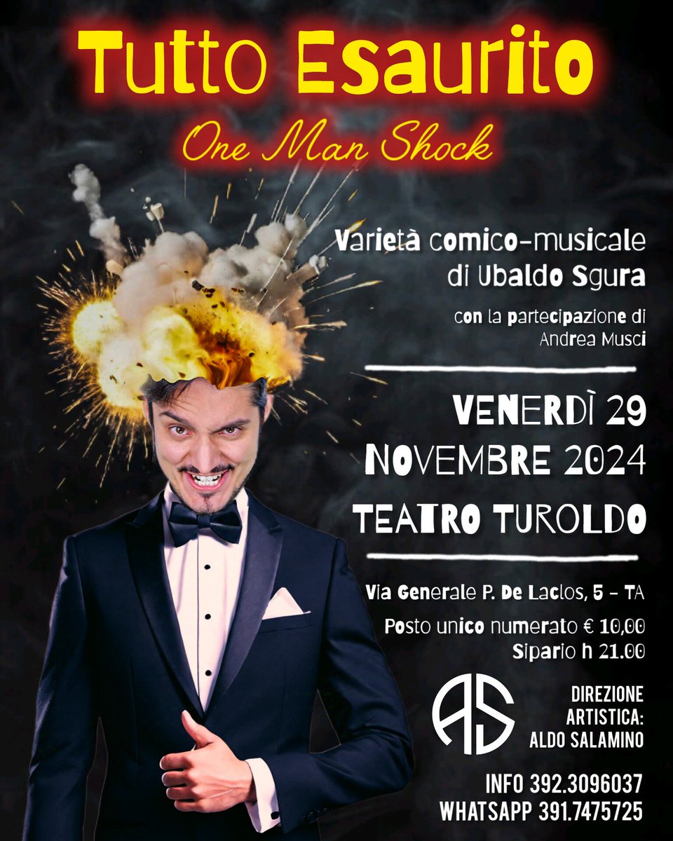 USBALDUS's tweet image. Vi aspetto a #TuttoEsaurito, il mio #OneManShock ... 
Finalmente a teatro 🎭

Accompagnamento musicale del celeberrimo Andrea Musci 🎸

Venerdì 29 novembre 2024.
Teatro Turoldo, Taranto.
Direzione artistica di Aldo Salamino.