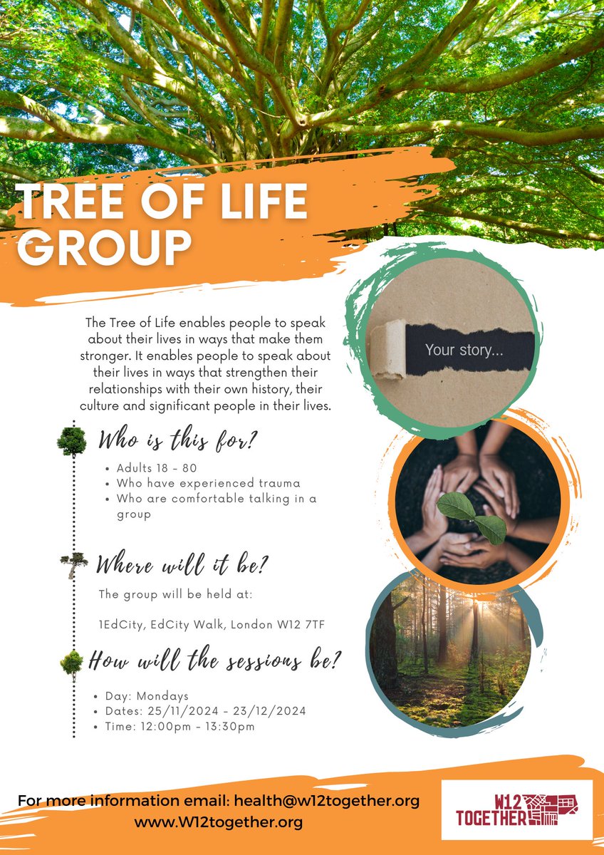 W12together is running a Tree of Life Group for the community from next week. It is a six week Narrative therapy group that supports those who have experienced trauma. Contact for more details or to sign up! <a href="/LBHF/">H&F Council</a> <a href="/HFEHMind/">Hammersmith, Fulham, Ealing and Hounslow Mind</a> <a href="/hammersmithandy/">Andy Slaughter</a> <a href="/HamUnited/">Hammersmith United Charities</a> <a href="/Sobus_H_F/">Sobus H&F</a> <a href="/SharonCOHnF/">Sharon Tomlin 🇯🇲🏴󠁧󠁢󠁥󠁮󠁧󠁿🇳🇬</a>