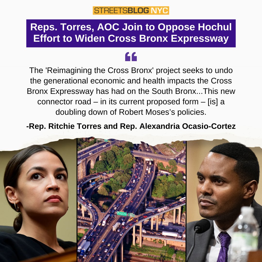 .<a href="/RepAOC/">Rep. Alexandria Ocasio-Cortez</a> and I wrote to <a href="/GovKathyHochul/">Governor Kathy Hochul</a> to strongly oppose <a href="/NYSDOT/">NYSDOT</a> ’s plan to widen the Cross Bronx.

Scarring the South Bronx with more highways runs counter to the environmental &amp; public health needs of our constituents, as well as our communal vision of “Reimagining the Cross