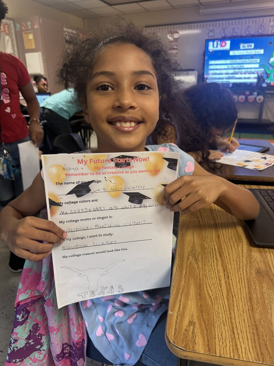 teachwithreyna's tweet photo. My Future Starts Now! ✨ After sharing a little bit of my college experience, I had my students research their future universities. They enjoyed every bit of it! 🤍📚🎓 ##AldineCCMRWeek @AldineISD @StehlikES_AISD https://t.co/87NoCkbIjh