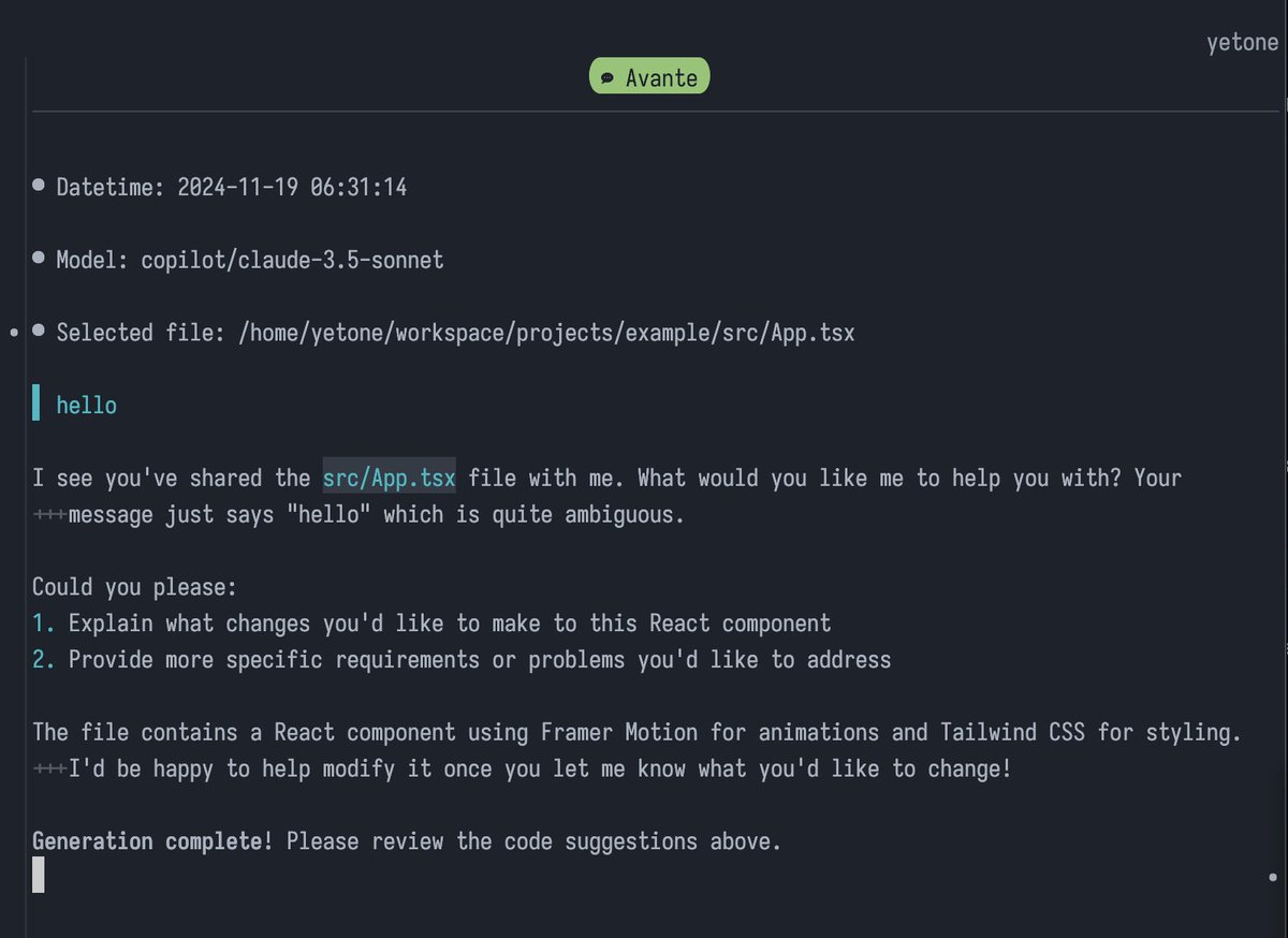 A small tip: you can use this method to let avante.nvim use the GitHub Copilot "free/cheap" claude-3.5-sonnet model, provided that you first chat with claude-3.5-sonnet in VSCode using Copilot Chat, and then enable the claude-3.5-sonnet permissions.