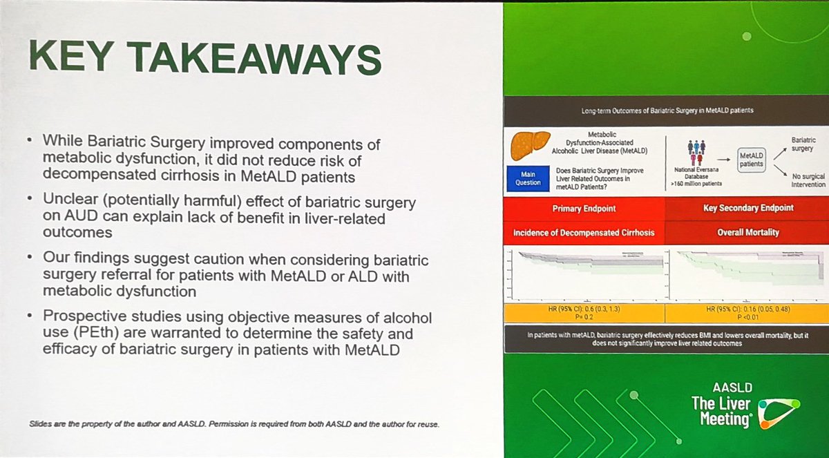 Steven Bollipo (@stevenbollipo) on Twitter photo Bariatric surgery and alcohol 🍷 use disorder - what is the risk and benefit?
📌Significantly ⬇️mortality
📌Improved metabolic dysfunction
📌Did not reduce liver dysfunction
📌Caution ⚠️ needed in MetALD being offered bariatric surgery
Well done <a href="/BMirminachi/">Babak Mirminachi</a>
#TLM24 Bariatric surgery and alcohol 🍷 use disorder - what is the risk and benefit?
📌Significantly ⬇️mortality
📌Improved metabolic dysfunction
📌Did not reduce liver dysfunction
📌Caution ⚠️ needed in MetALD being offered bariatric surgery
Well done <a href="/BMirminachi/">Babak Mirminachi</a>
#TLM24