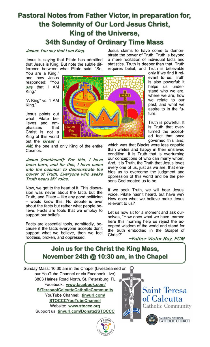 STOCCC2's tweet photo. Join us TOMORROW for the Solemnity of Our Lord  #JesusChristKingOfTheUniverse Mass Nov 24th at 10:30 am in the Chapel!
#ChristTheKing #OrdinaryTimeMass #CatholicMass #StTeresaofCalcuttaCatholicCommunity #STOCCC #ANCC #AmericanNationalCatholicChurch #Catholic #IndependentCatholics https://t.co/hRRmlSI3Sr