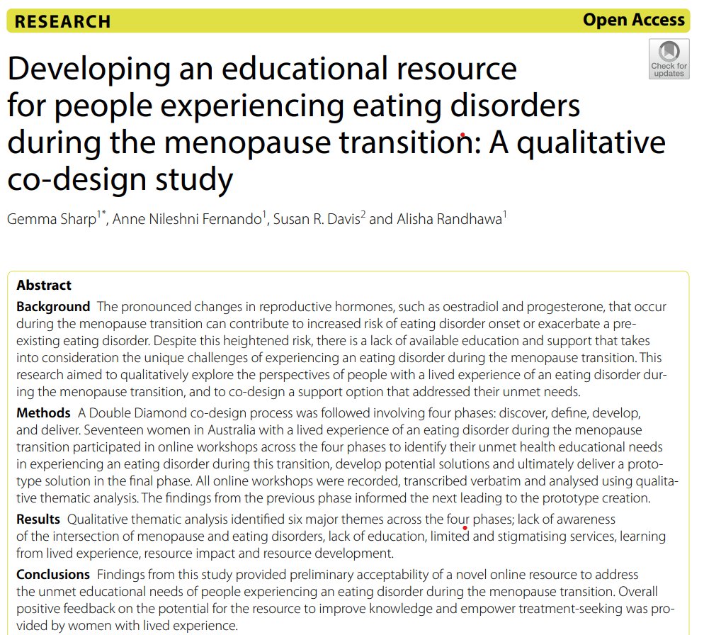 Professor Gemma Sharp (@gemmasharp11) on Twitter photo #Menopause & #EatingDisorders #CoDesign paper #OpenAccess in <a href="/JEatDisord/">Journal of Eating Disorders</a> here👉jeatdisord.biomedcentral.com/articles/10.11… Just the beginning-plenty more #Research to come 💪♥️ <a href="/GabbyLubi/">Gabriel Lubieniecki</a> <a href="/STMneurosci/">Monash STM Neuroscience</a> <a href="/MonashSTM/">Translational Medicine at Monash University</a> <a href="/Monash_FMNHS/">Monash Medicine, Nursing and Health Sciences</a> <a href="/MonashUni/">Monash University</a> <a href="/ED_Victoria/">Eating Disorders Victoria</a> <a href="/UQ_News/">UQ News</a> <a href="/UQPsych/">UQPsych</a> <a href="/NEDC_Australia/">NEDC</a> <a href="/CoRe_ED_Global/">Consortium for Research in Eating Disorders</a> #Menopause & #EatingDisorders #CoDesign paper #OpenAccess in <a href="/JEatDisord/">Journal of Eating Disorders</a> here👉jeatdisord.biomedcentral.com/articles/10.11… Just the beginning-plenty more #Research to come 💪♥️ <a href="/GabbyLubi/">Gabriel Lubieniecki</a> <a href="/STMneurosci/">Monash STM Neuroscience</a> <a href="/MonashSTM/">Translational Medicine at Monash University</a> <a href="/Monash_FMNHS/">Monash Medicine, Nursing and Health Sciences</a> <a href="/MonashUni/">Monash University</a> <a href="/ED_Victoria/">Eating Disorders Victoria</a> <a href="/UQ_News/">UQ News</a> <a href="/UQPsych/">UQPsych</a> <a href="/NEDC_Australia/">NEDC</a> <a href="/CoRe_ED_Global/">Consortium for Research in Eating Disorders</a>