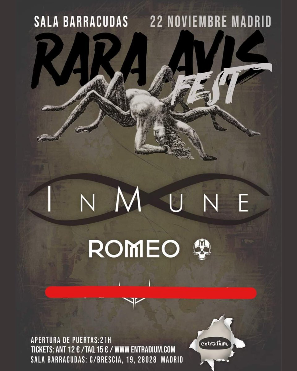 InMuneBand's tweet image. ¡InMunes! Quedan 4 días para nuestro próximo concierto de MADRID en el Rara Avis Fest junto a @romeooficiales .

¿OS LO VAIS A PERDER?

⏳️Madrid - Sala Barracudas – 22-Noviembre-2024

NO te quedes sin tu entrada!🐙
Últimas Entradas👇:
ticketrona.com/evento/i-rara-…