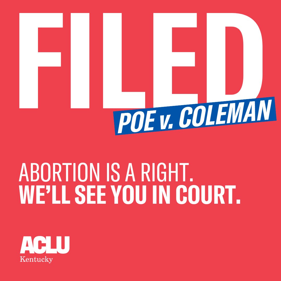 ACLUofKY's tweet image. We filed a new lawsuit challenging Kentucky's abortion bans based on every Kentuckian's right to privacy and bodily autonomy. Read our press release and the full complaint at the link.