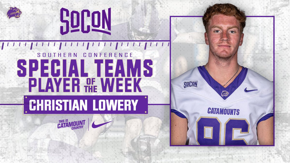 Western Carolina Football (@catamountsfb) on Twitter photo Junior transfer kicker Christian Lowery was named the <a href="/SoConSports/">The Southern Conference</a> Special Teams Player of the Week after scoring a career-high 15 points with three field goals and six PATs!
catamountsports.com/news/2024/11/1… Junior transfer kicker Christian Lowery was named the <a href="/SoConSports/">The Southern Conference</a> Special Teams Player of the Week after scoring a career-high 15 points with three field goals and six PATs!
catamountsports.com/news/2024/11/1…