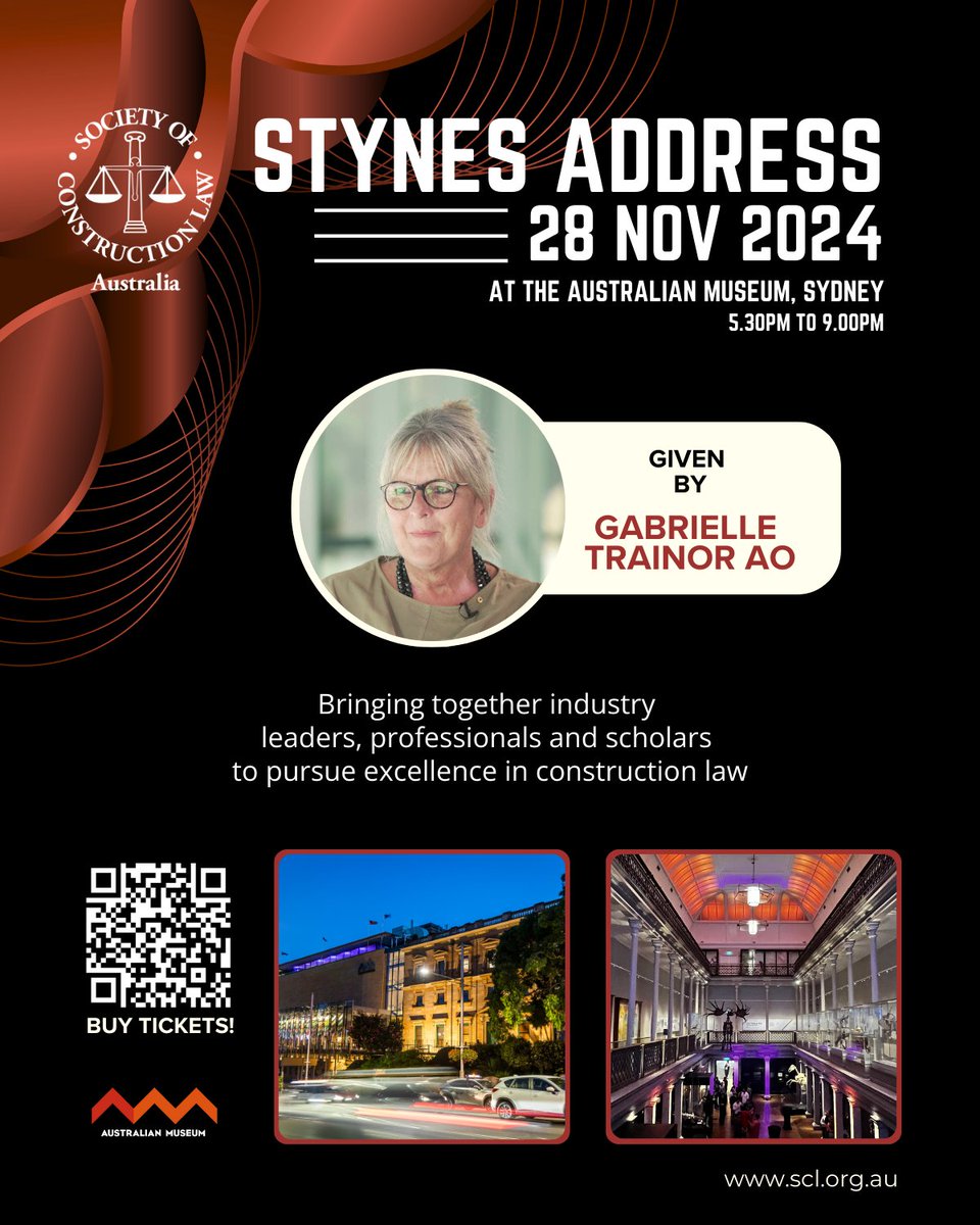 Last chance to secure tickets to this year's special Stynes Address event!

Thursday 28 November from 5:30pm
at The Australian Museum, Sydney

Tickets available --&gt; lnkd.in/gTMFPZzS
Info --&gt; scl.org.au/civicrm/event/…

#socla #stynesaddress #sydney #law #constructionlaw
