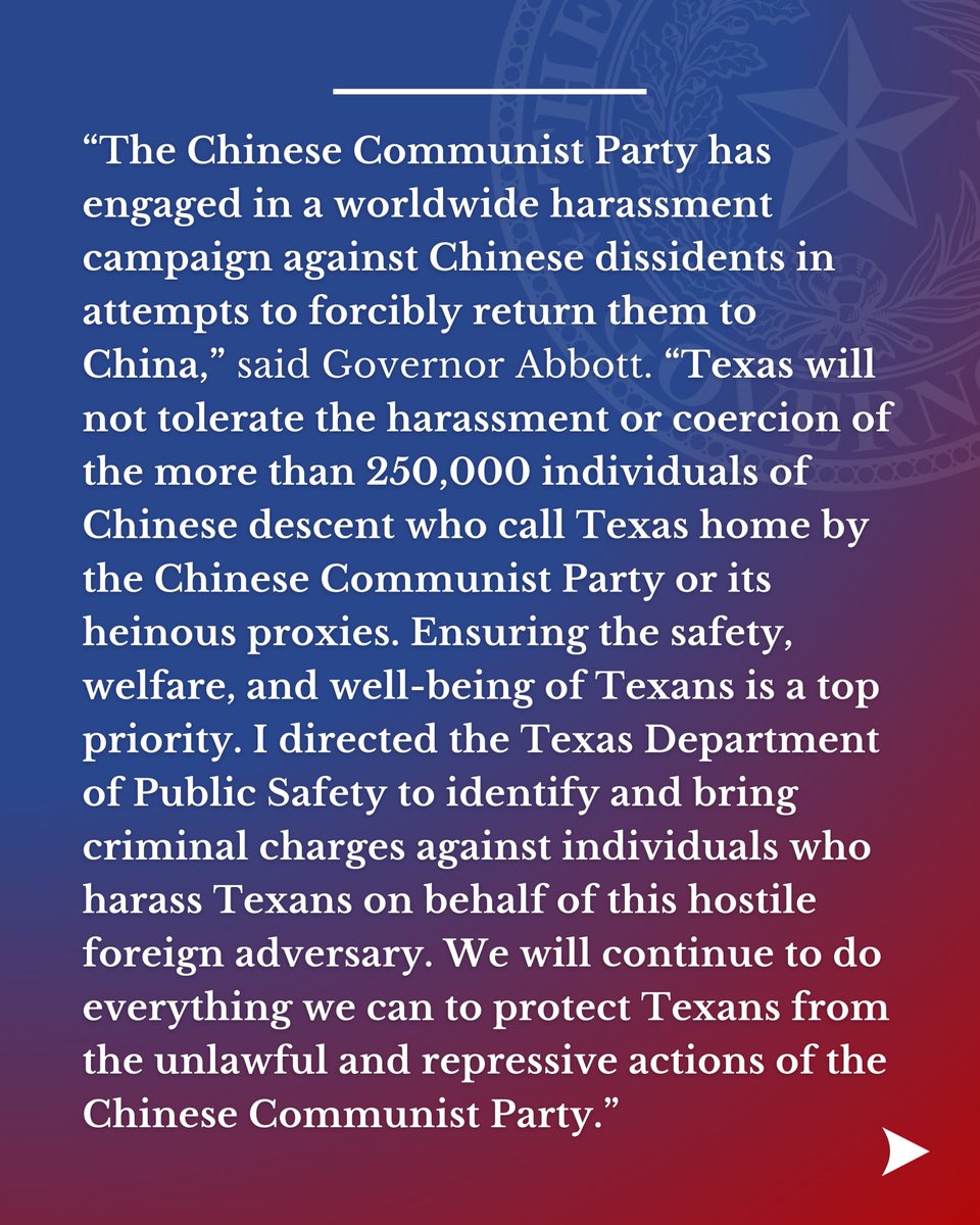 GovAbbottPress's tweet photo. The Chinese Communist Party has engaged in a harassment campaign against Chinese dissidents to forcibly return them to China.

The Executive Order I issued today will protect Texans of Chinese descent from this coordinated coercion by the CCP.

More: https://t.co/aeRX09y3ZT https://t.co/oEiUpOAWEP