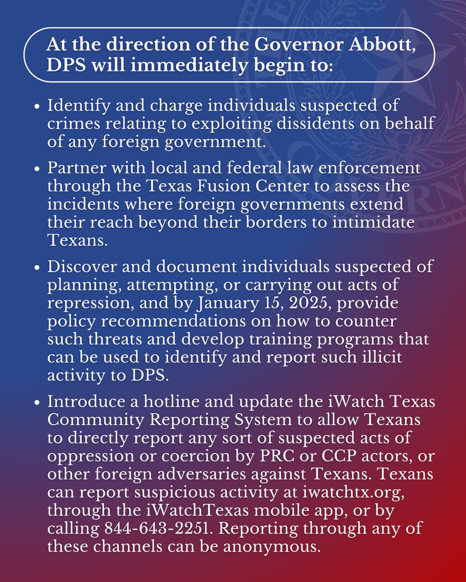 GovAbbottPress's tweet photo. The Chinese Communist Party has engaged in a harassment campaign against Chinese dissidents to forcibly return them to China.

The Executive Order I issued today will protect Texans of Chinese descent from this coordinated coercion by the CCP.

More: https://t.co/aeRX09y3ZT https://t.co/oEiUpOAWEP