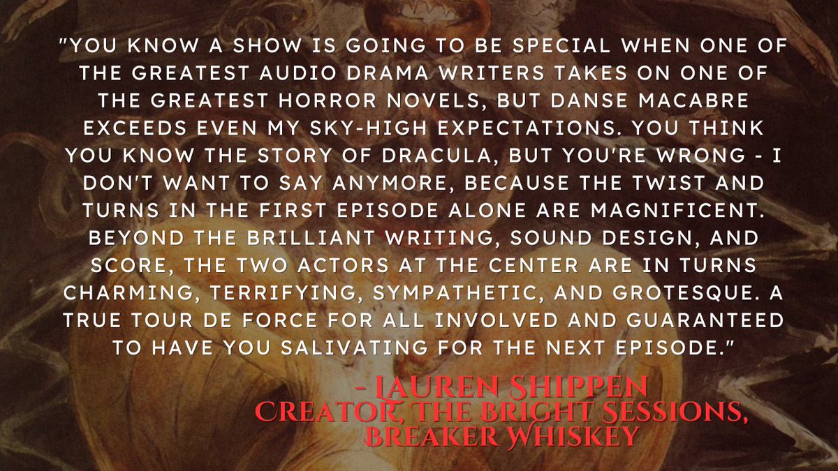 Wolf359Radio's tweet photo. Have you heard? Wolf 359 creator @GabrielUrbinaTM has a new audio fiction podcast out!

It’s @DraculaTDM, a new adaptation of the Bram Stoker novel.

Episode 1 is out, and the reviews are in! Hear what our friends @laurenshippen, @felixtrench, &amp; @JenSugden are saying! https://t.co/zJFg0wLZP5