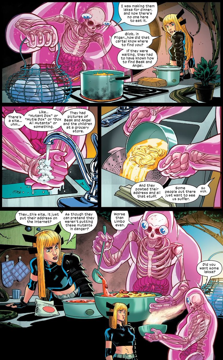 Is this the first time we see Glob's love for cooking?
I want to see him trying to keep feeding Magik in X-MEN, that'll be a fun subplot

Magik learns about the website, DOX, that she'll deal with in a few issues 

New Mutants V4 10