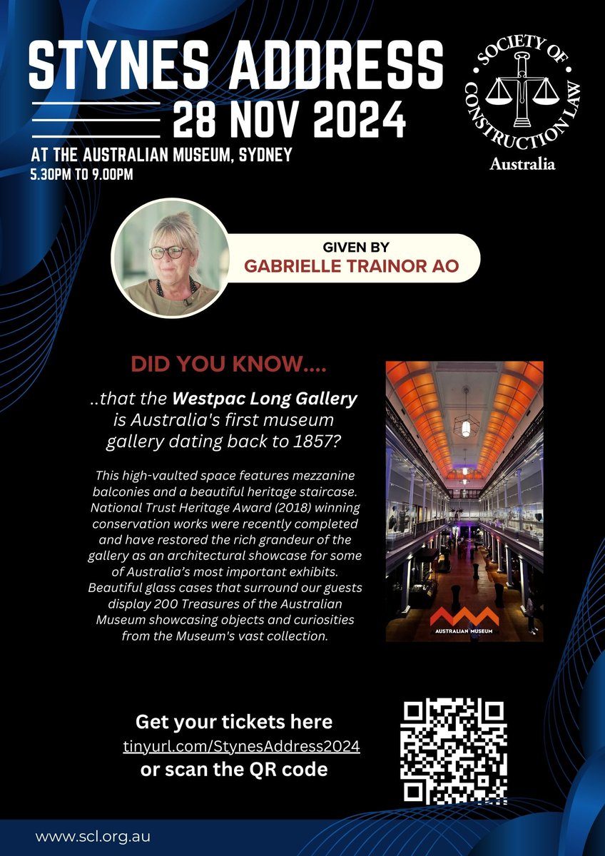 Last chance to secure tickets to this year's special Stynes Address event!

Thursday 28 November from 5:30pm
at The Australian Museum, Sydney

Tickets  --&gt; lnkd.in/gTMFPZzS
Info --&gt; scl.org.au/civicrm/event/…

#socla #stynesaddress #sydney #law #constructionlaw