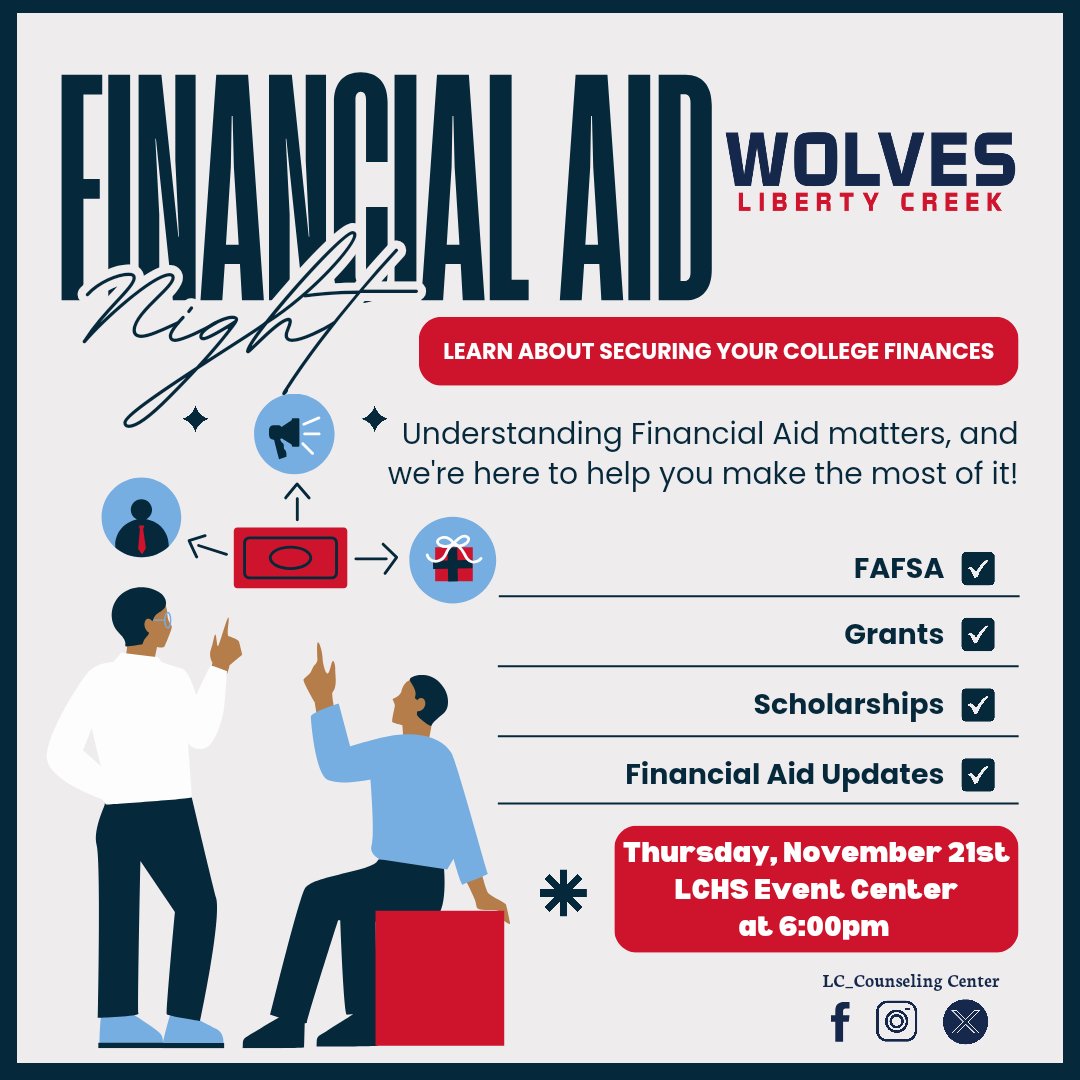 📢📢📢 Finacial Aid Night is this Thursday, November 21st, at 6:00 PM in the LCHS Event Center. This event is for the Class of 2025 and anyone who would like to learn about. Please plan to attend and bring any questions you may have. 

See you Thursday!!

#LetsRoll