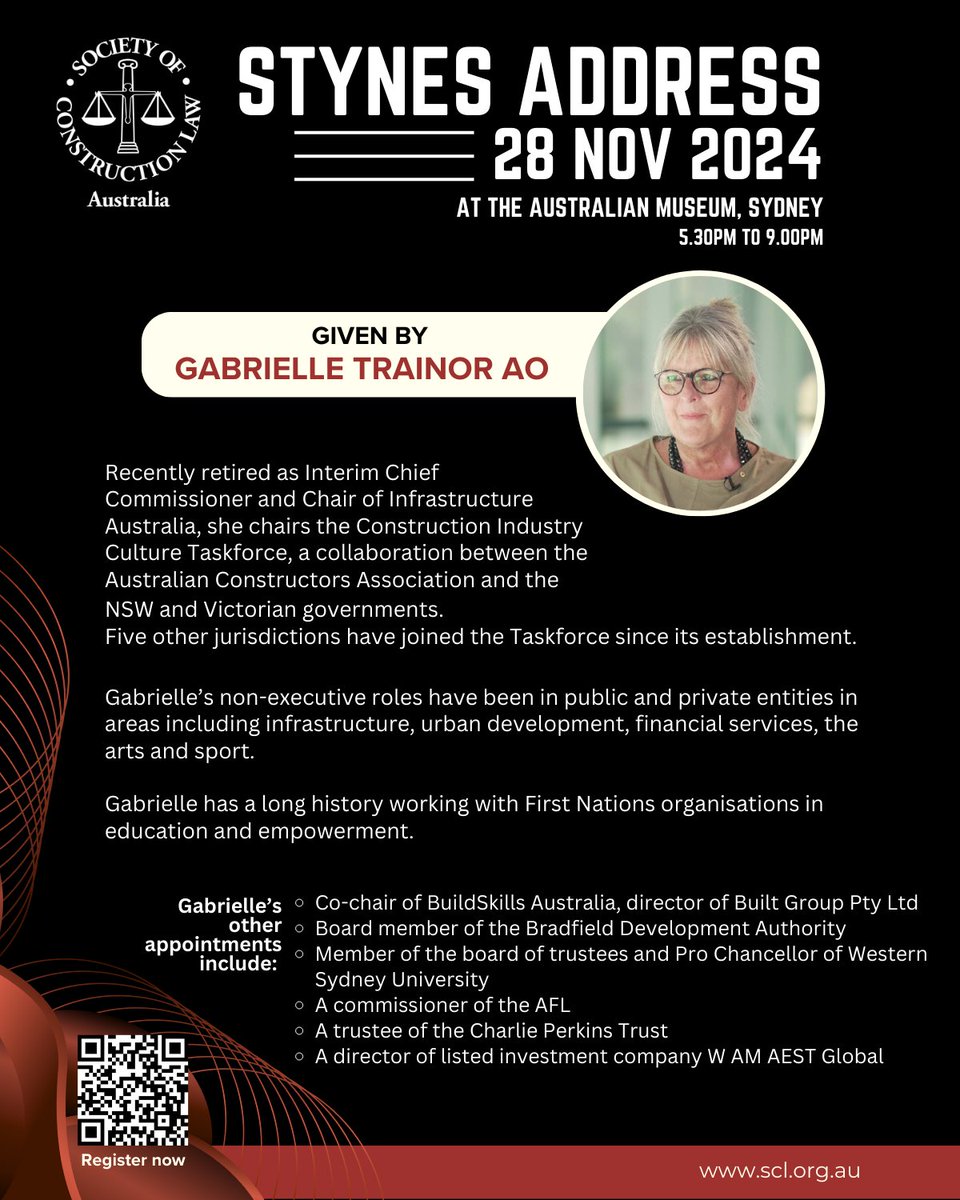 Last chance to secure tickets to this year's special Stynes Address event!

Thursday 28 November from 5:30pm
at The Australian Museum, Sydney

Tickets available --&gt; lnkd.in/gTMFPZzS
Info --&gt; scl.org.au/civicrm/event/…

#socla #stynesaddress #sydney #law #constructionlaw