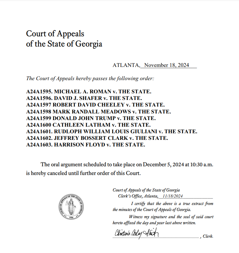 MissVWaters's tweet photo. #BREAKING The Georgia Court of Appeals cancels December's oral argument over whether to throw out the election racketeering case against former Pres. Trump and eight co-defendants. They've been trying to get the case tossed, alleging misconduct by the Fulton County DA. @wsbradio https://t.co/hg4e4MdTf0