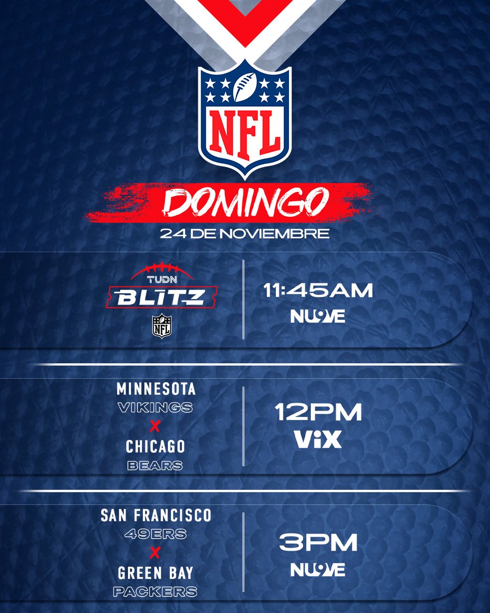redes_TUDN's tweet photo. Este domingo es combo amigos y familia con la #NFLEnTelevisa 🔥🏈🔥

📌BLITZ 
📌@Vikings 🆚 @ChicagoBears 
📌@49ers 🆚 @packers 

Por @ElNueveOf y @VIX 📲🇲🇽https://t.co/tKG2dr02t7 https://t.co/0izIJjcf5G