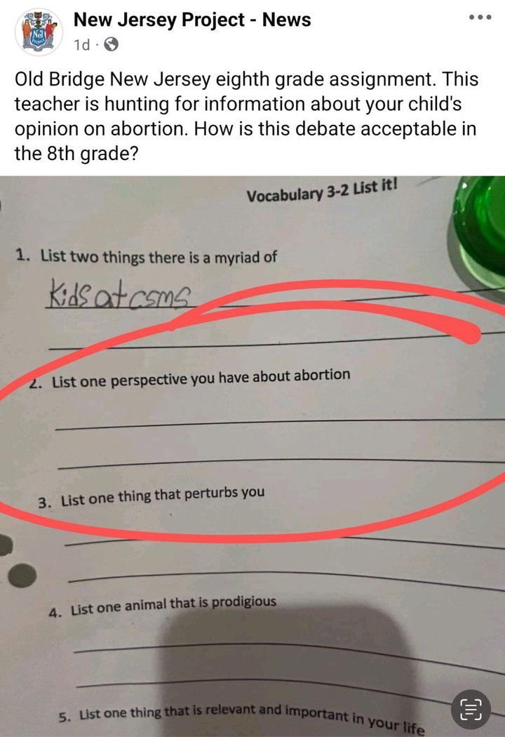 libsoftiktok's tweet photo. Why is @OldBridgeTPS in NJ giving students vocab assignments to discuss abortion? https://t.co/2QUuHkWAHG